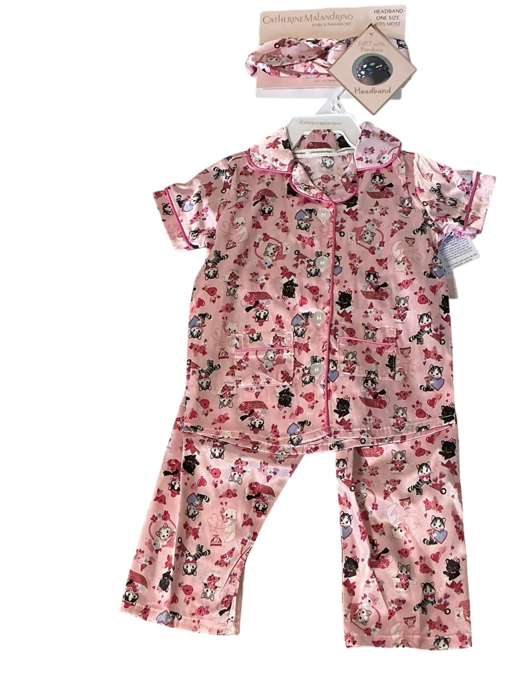 Catherine Malandrino Pink Satin Kids Pajama Set with Matching Headband - NWT